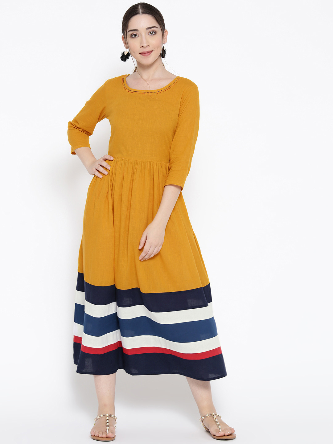 Buy Sringam Women Mustard Yellow & Navy Blue Solid A Line Dress