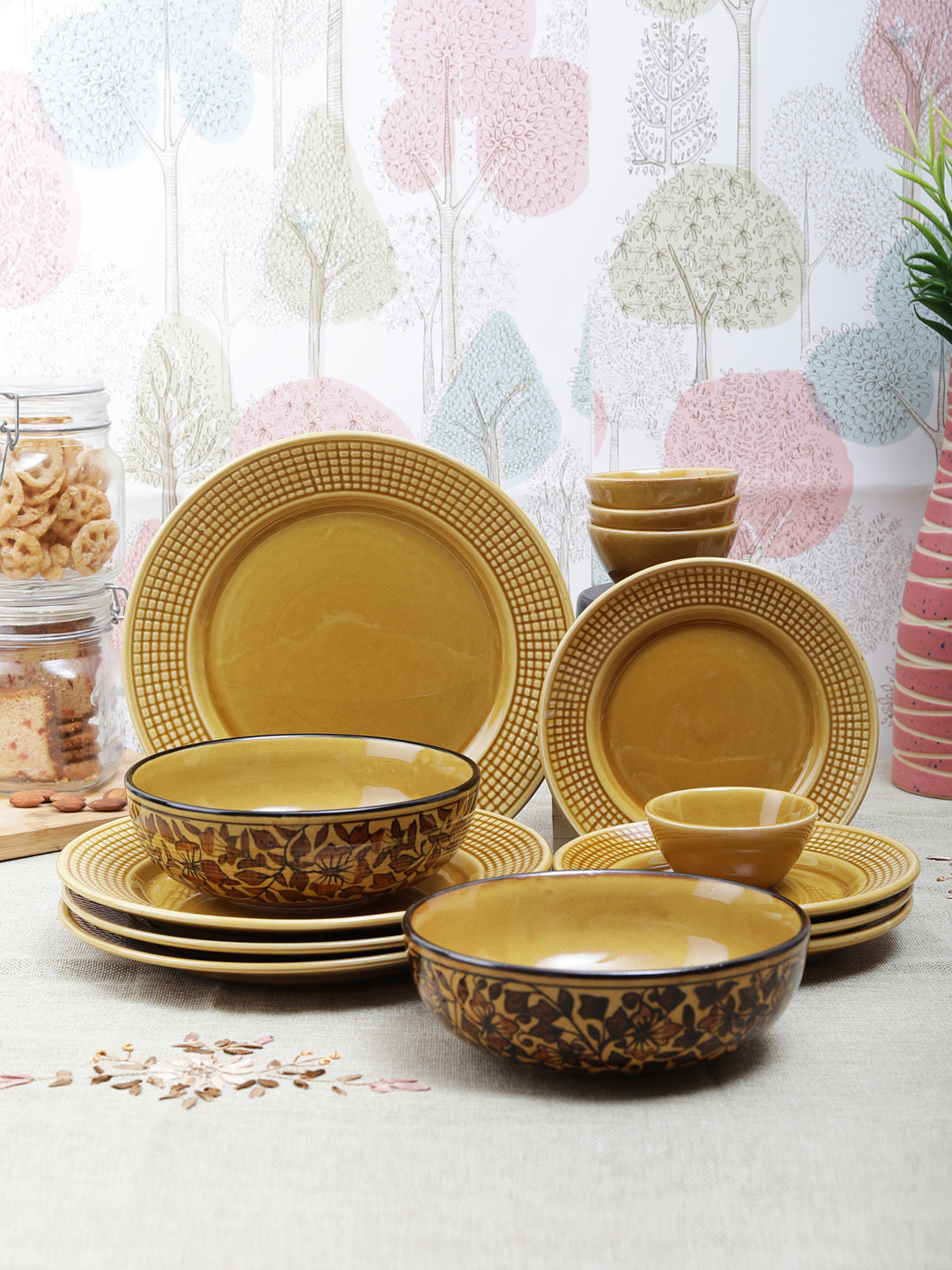 Buy VarEesha Set Of 14 Mustard Yellow Printed Ceramic Dinner Plates
