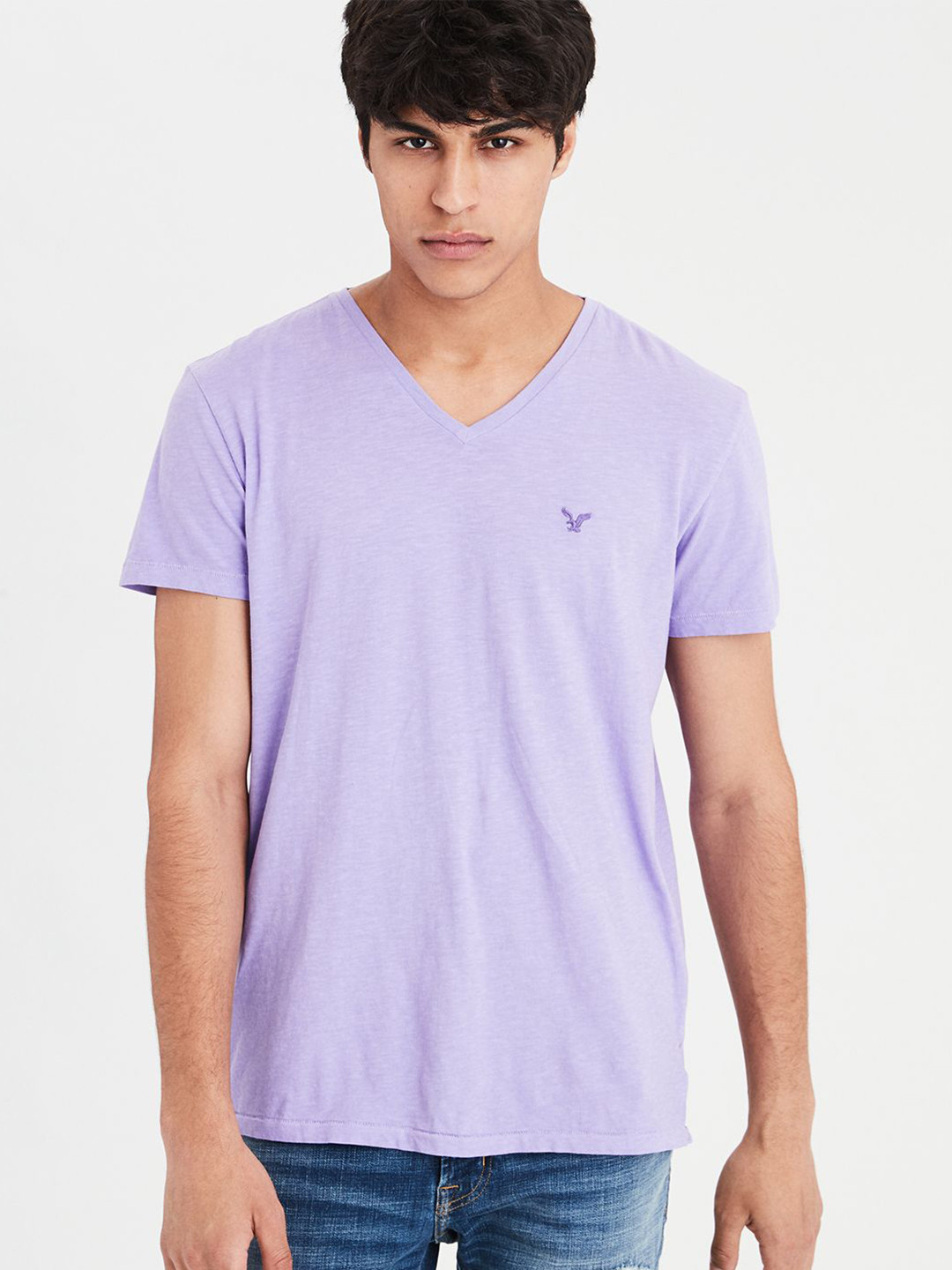 Buy AMERICAN EAGLE OUTFITTERS Men Lavender Solid V Neck Pure Cotton T