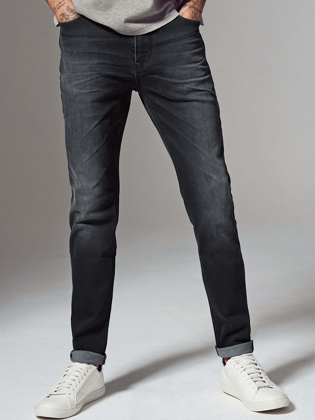 Buy NEXT Men Charcoal Grey Slim Fit Mid Rise Clean Look Stretchable