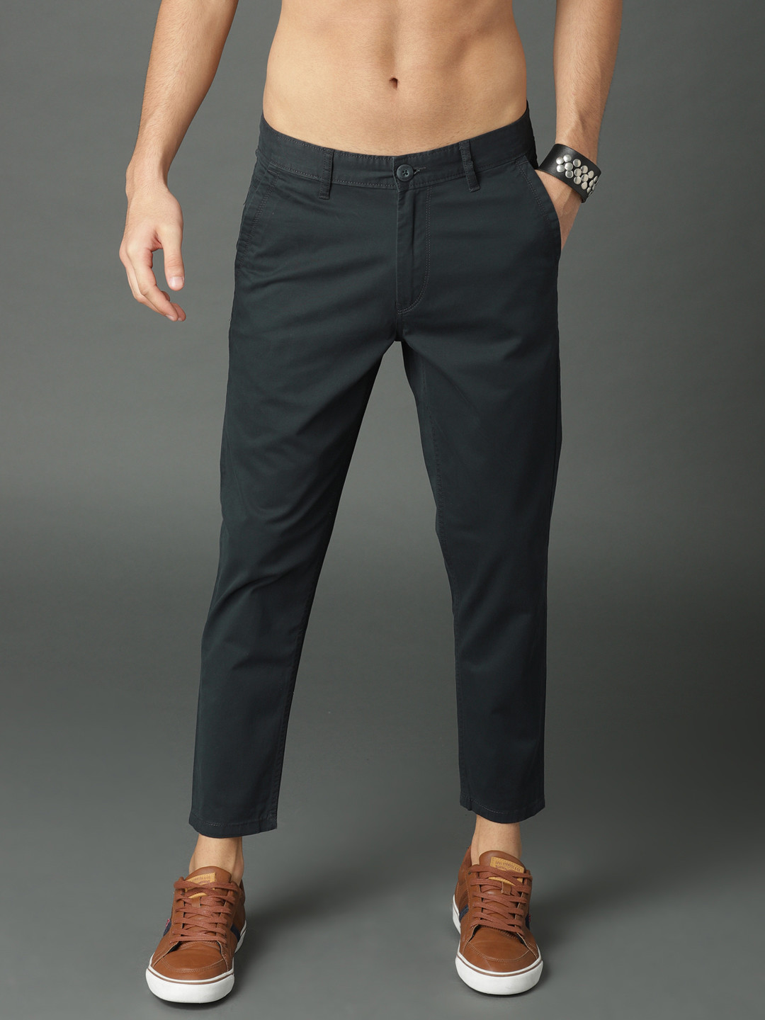 Buy Roadster Men Navy Blue Regular Fit Solid Regular Trousers ...