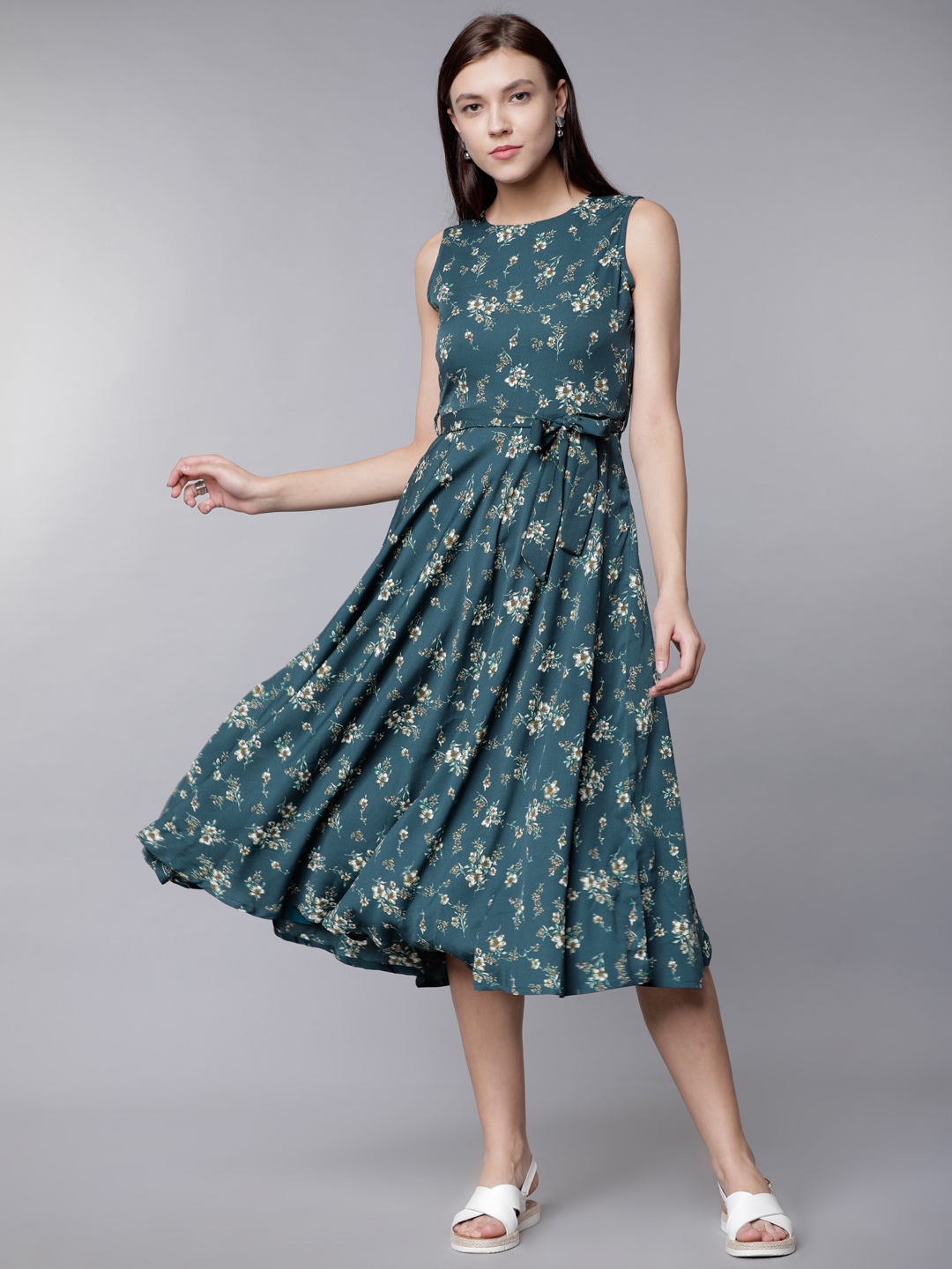 Buy Tokyo Talkies Women Teal Blue Floral Print Fit And Flare Dress ...