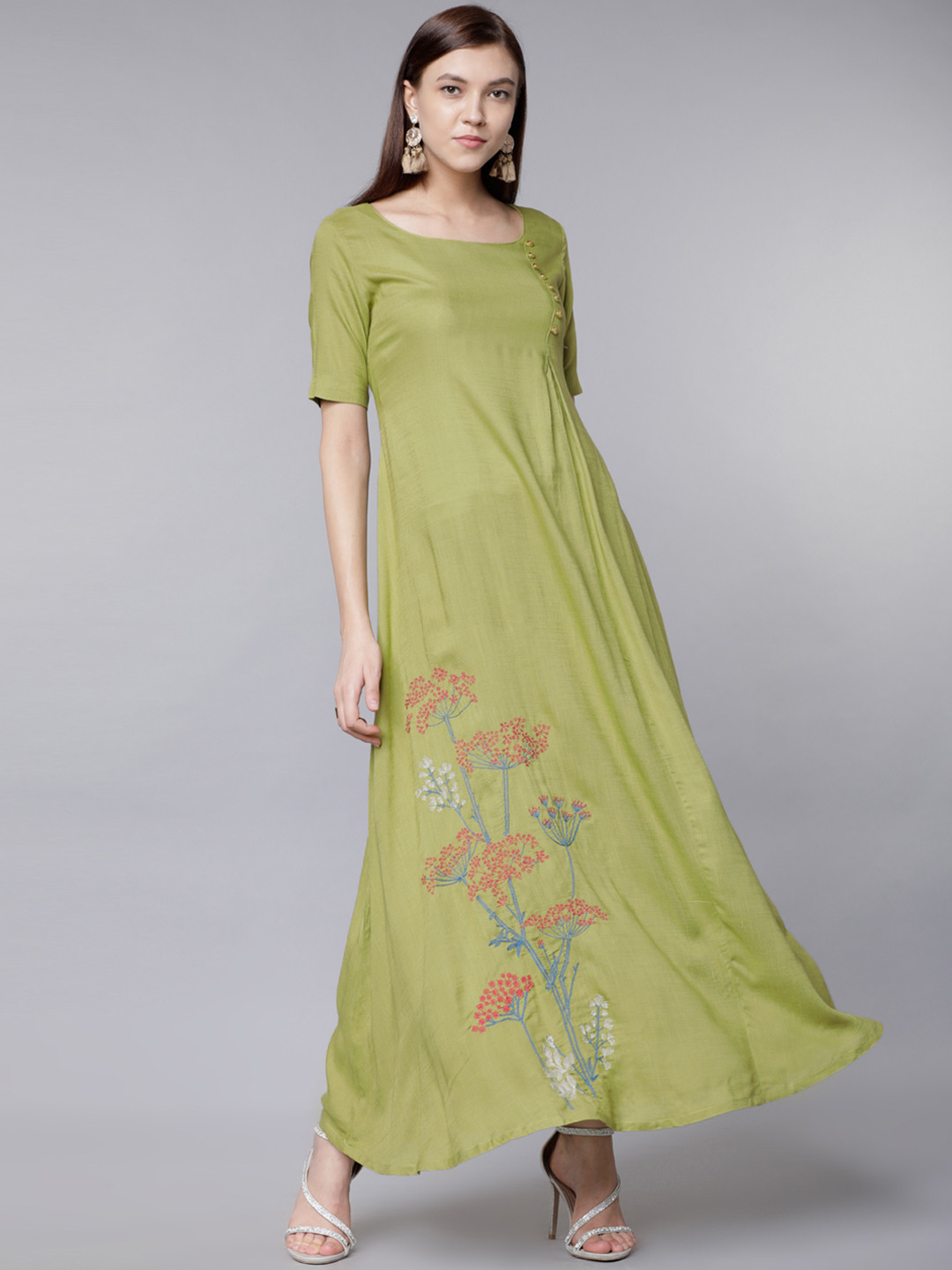 Buy Vishudh Women Lime Green Printed Maxi Dress Ethnic Dresses for