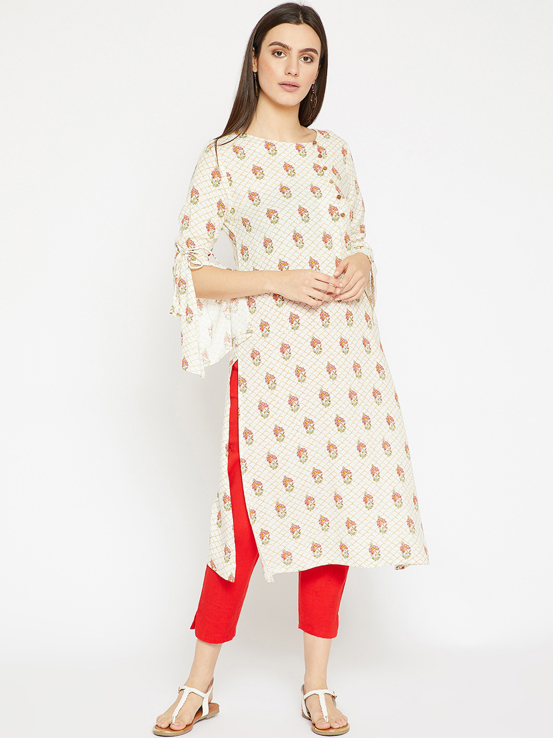 Women Off-White & Green Printed Straight Kurta