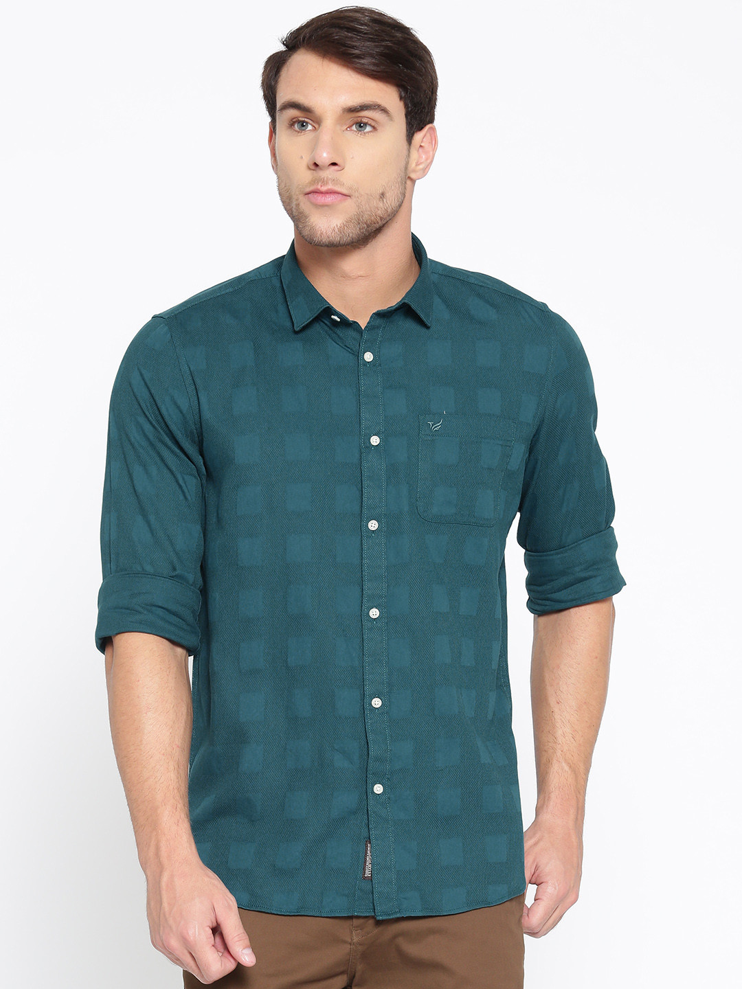 Buy Blackberrys Men Teal Green Slim Fit Self Checked Casual Shirt - Shirts for Men 7478448 | Myntra
