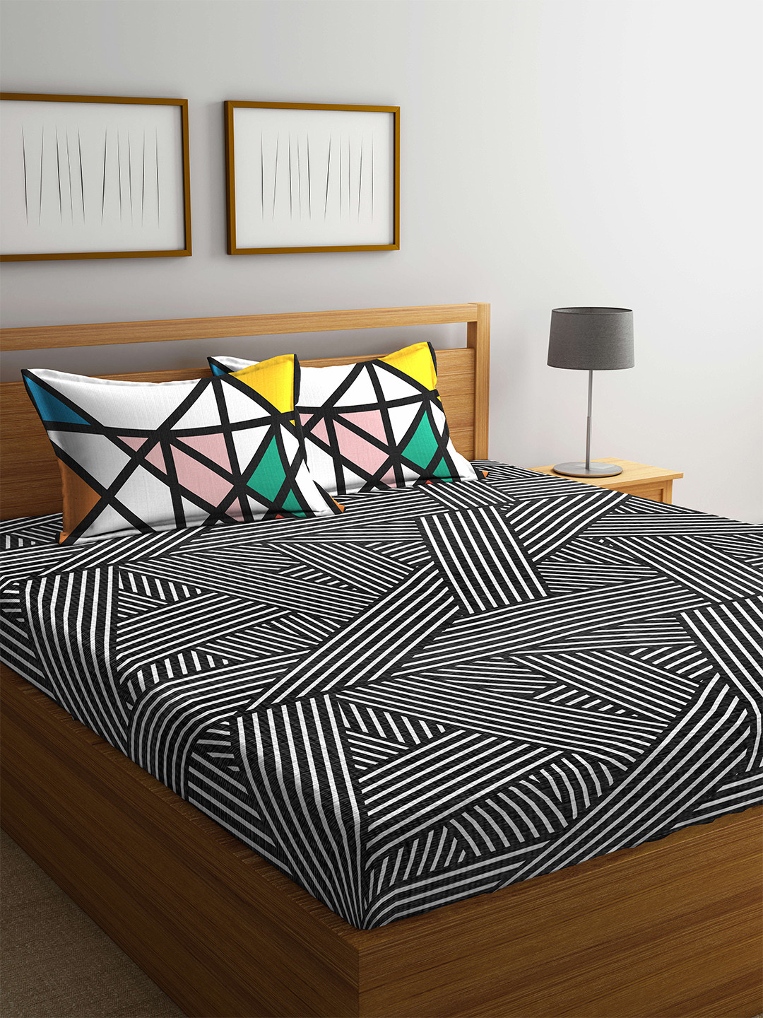Buy Portico New York Black Abstract Fitted 144 TC Cotton King Bedsheet