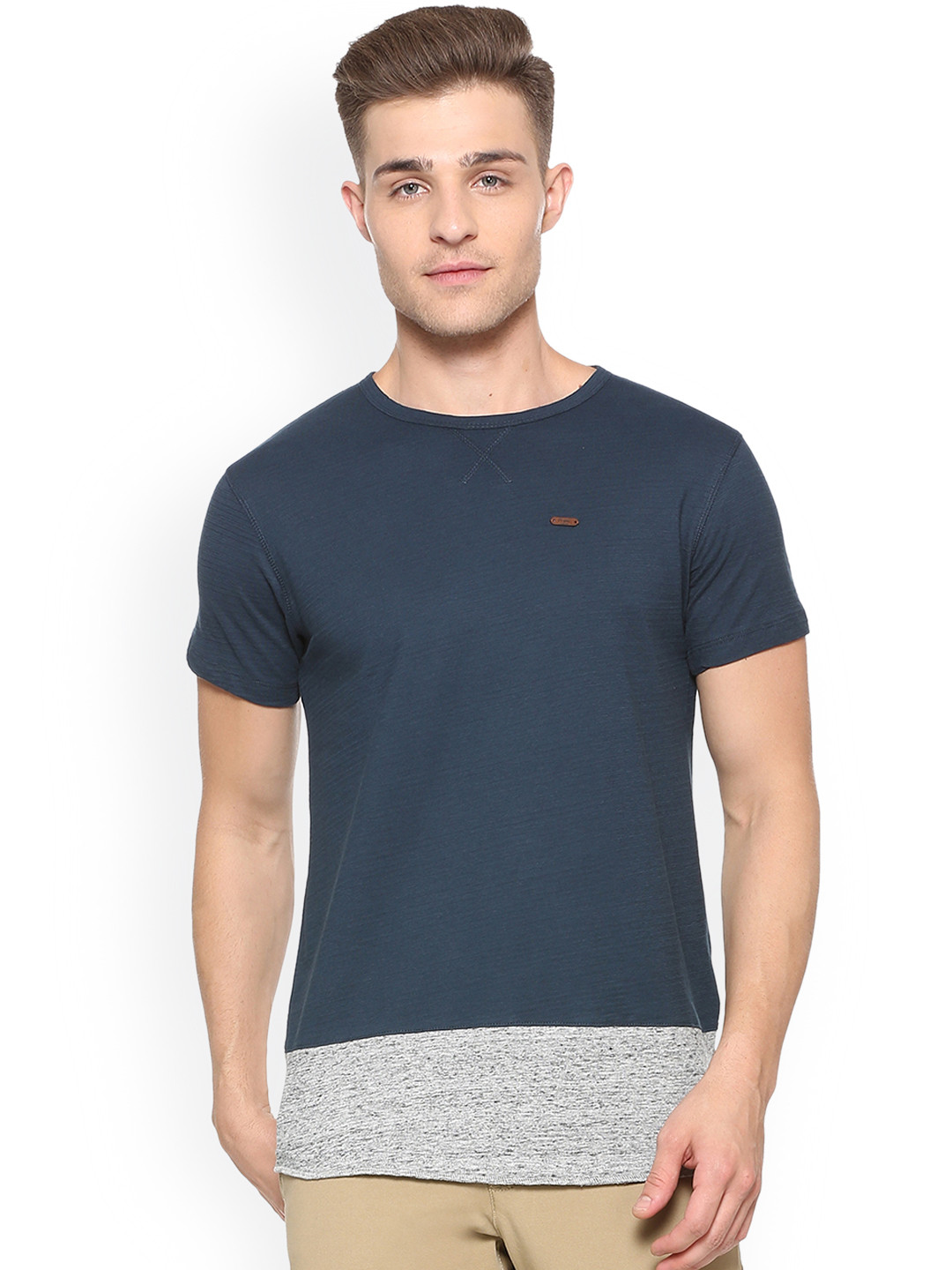 Buy People Men Blue Grey Colourblocked Round Neck Pure Cotton T Shirt