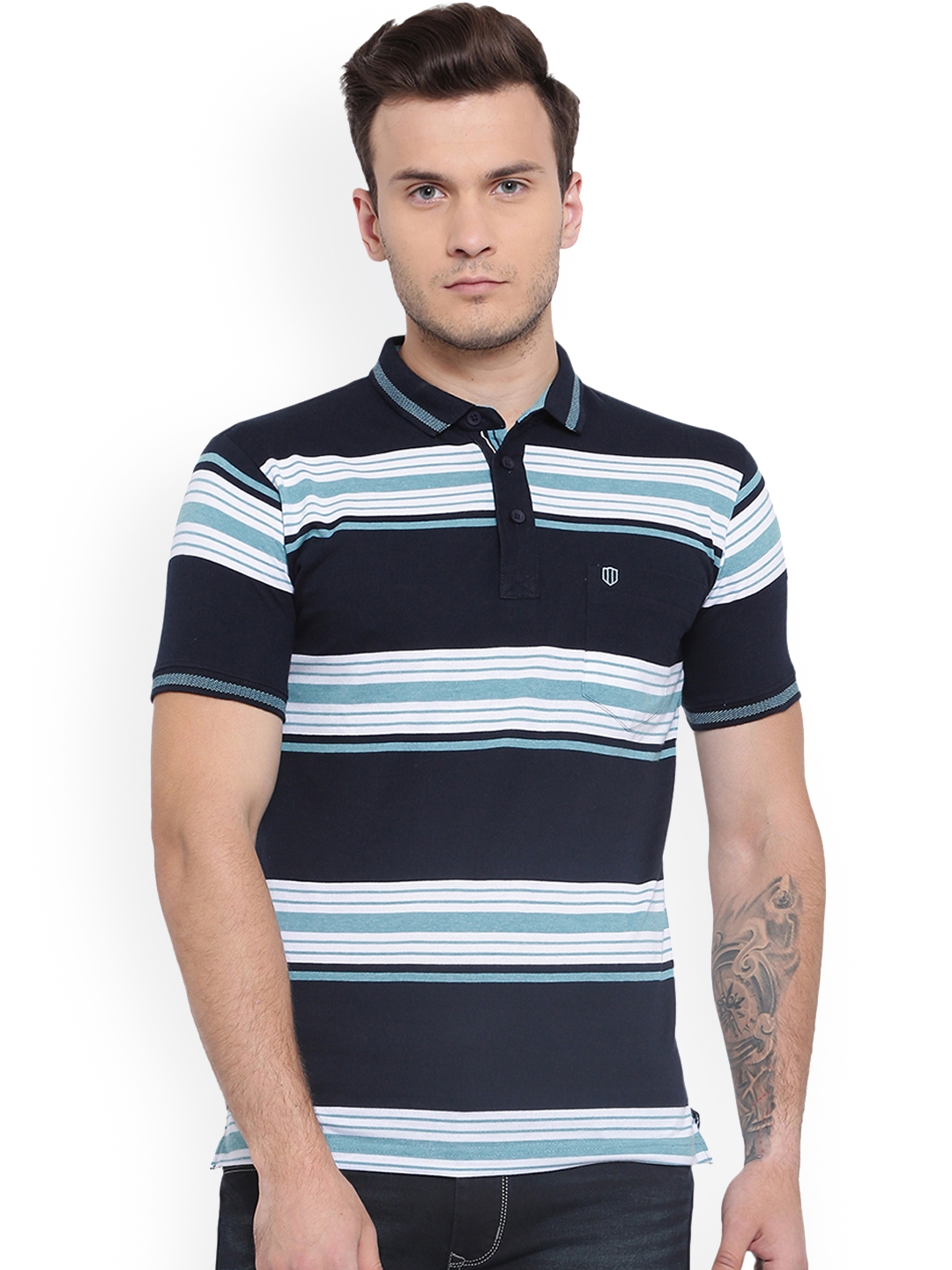 Buy Duke Men Navy Blue & White Striped Polo Collar T Shirt - Tshirts ...