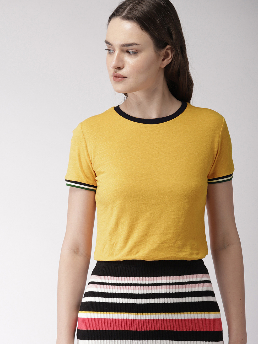 Buy FOREVER 21 Women Mustard Yellow Solid Round Neck T Shirt Tshirts