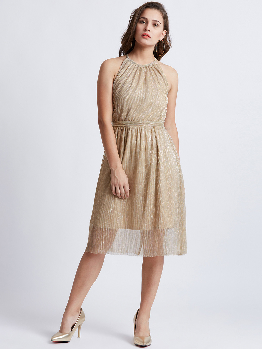 Buy MAGRE Women Gold Coloured Self Design Fit And Flare Dress Dresses