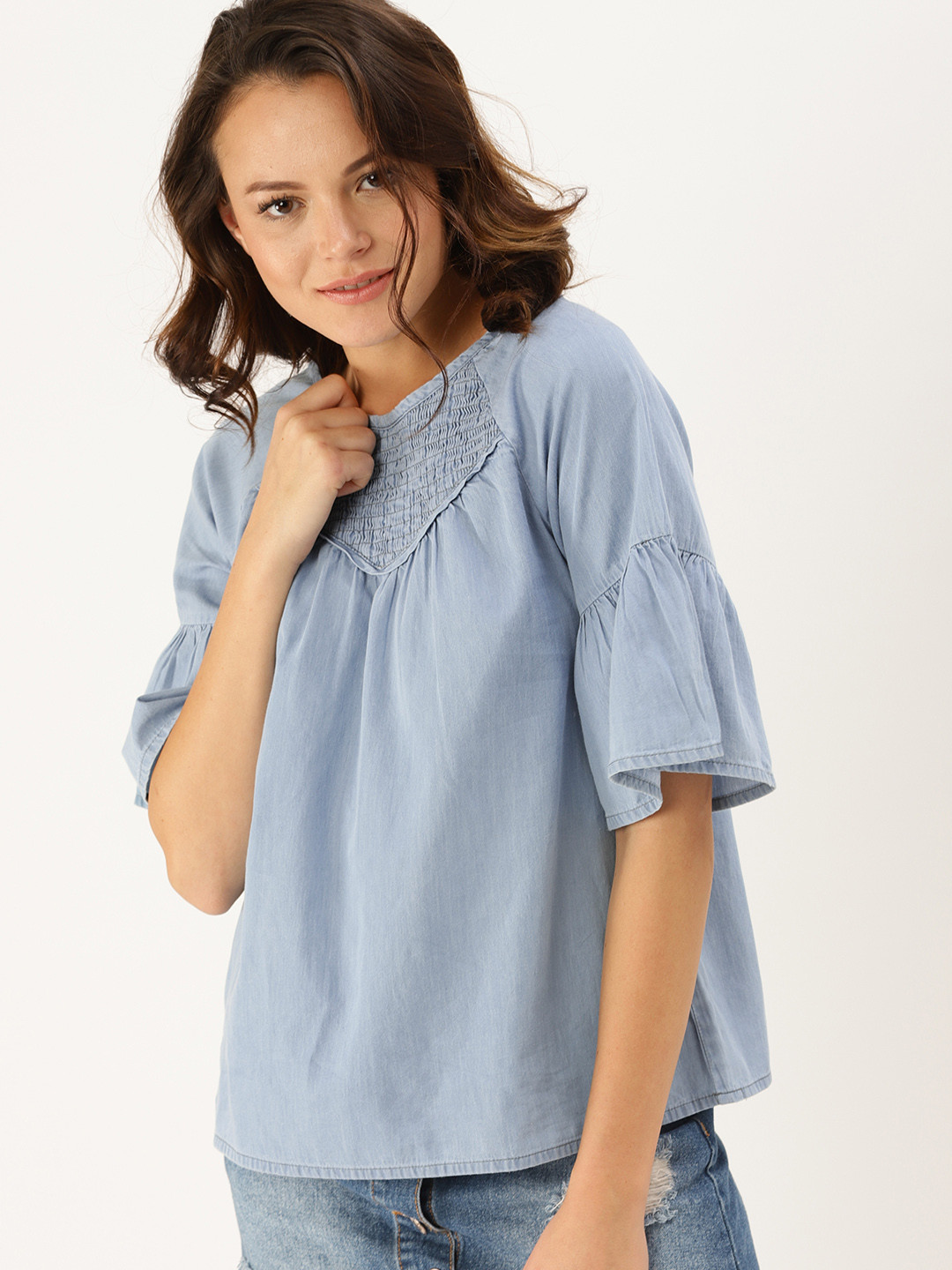 Buy DressBerry Blue Solid Pure Cotton Top Tops for Women 7486684 Myntra