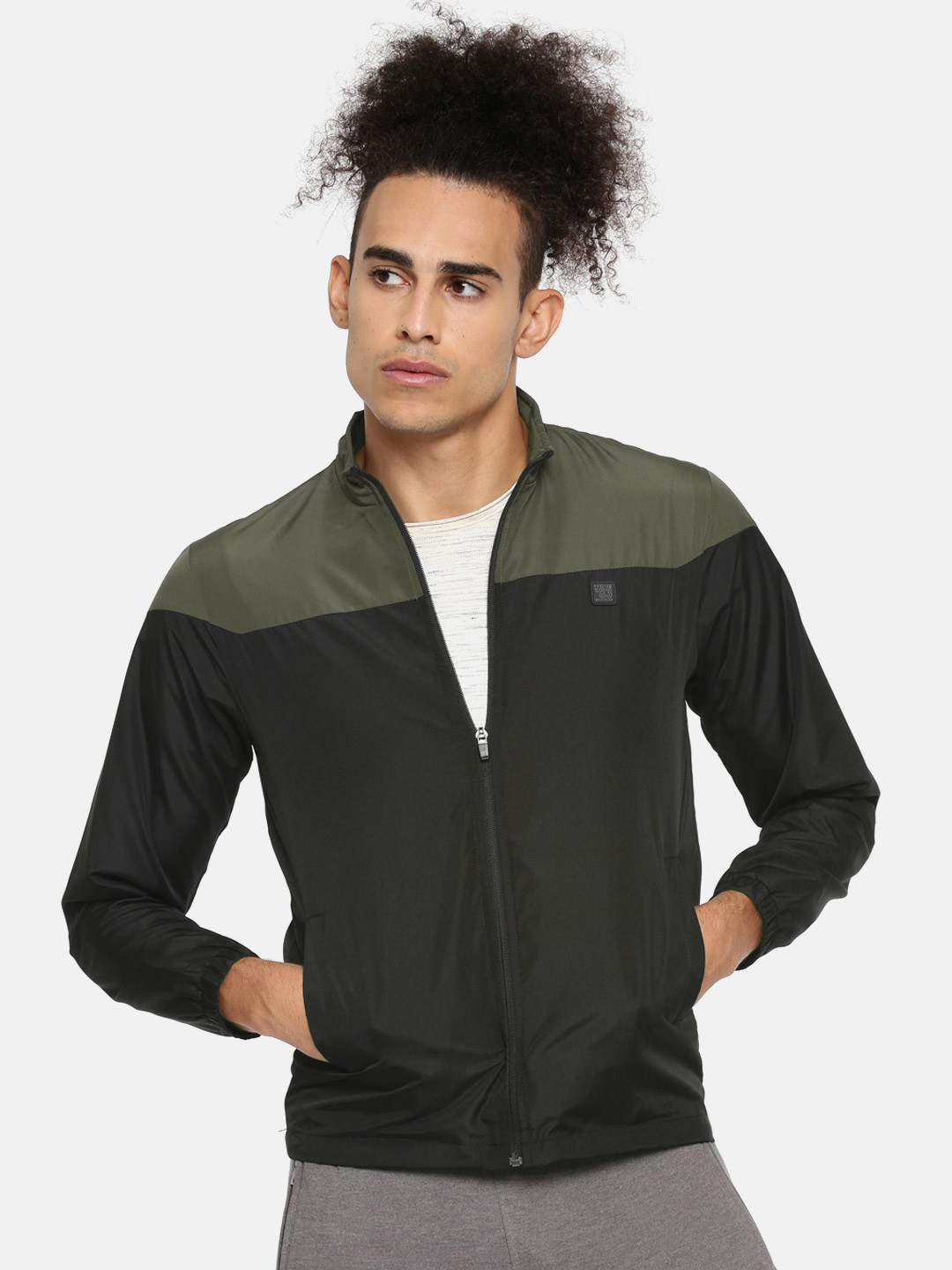 Buy Proline Active Men Black & Olive Green Colourblocked Windcheater
