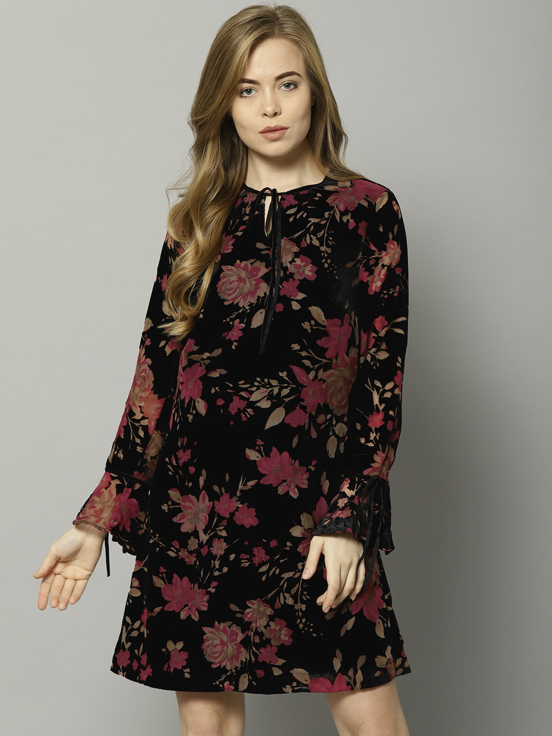 Buy Marks & Spencer Women Black & Pink Printed Velvet Finish A Line