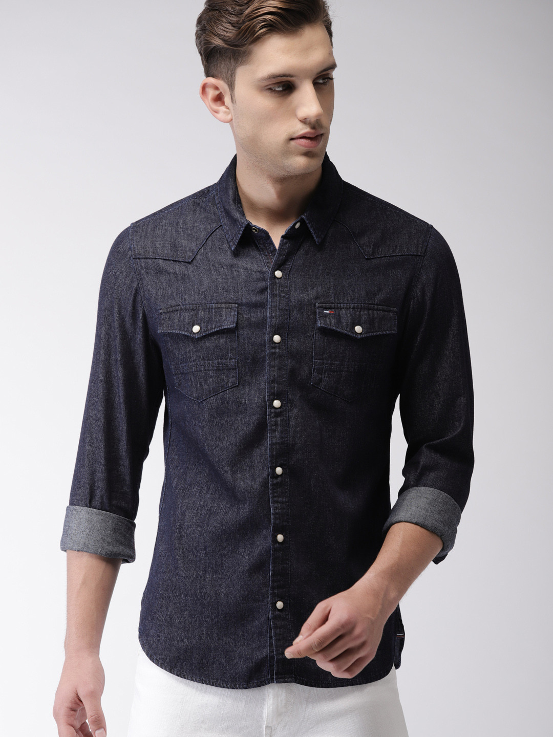 Buy Tommy Hilfiger Men Navy Blue Regular Fit Solid Casual Denim Shirt