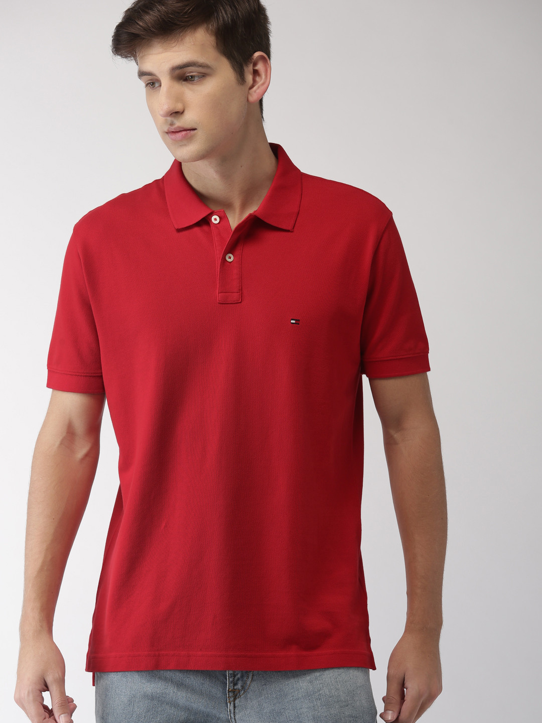 Buy Tommy Hilfiger Men Red Solid Polo Collar Pure Cotton T Shirt