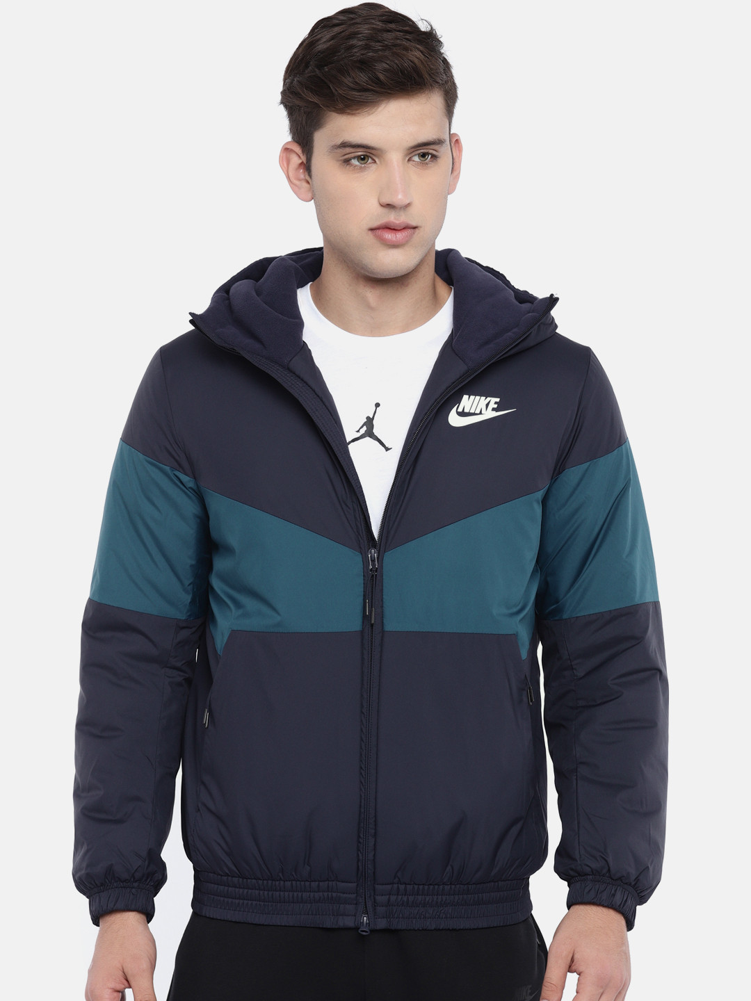 Buy Nike Men Navy Blue Colourblocked NSW SYN FILL Standard Fit Hooded Puffer Jacket - Jackets 
