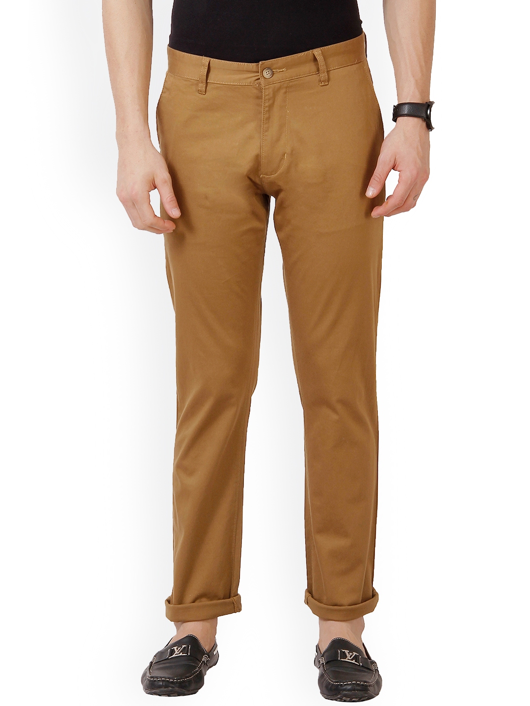 Buy DERBY JEANS COMMUNITY Men Brown Tapered Fit Solid Chinos Trousers