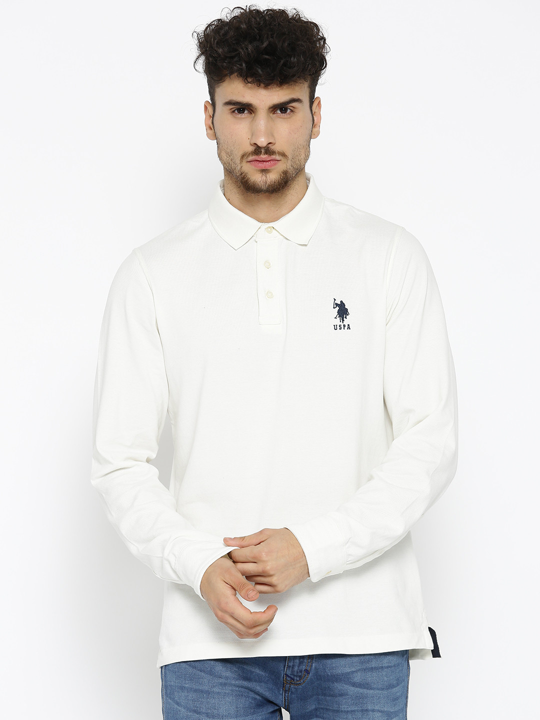 Buy U.S. Polo Assn. Men Off White Solid Polo Collar Pure Cotton T Shirt