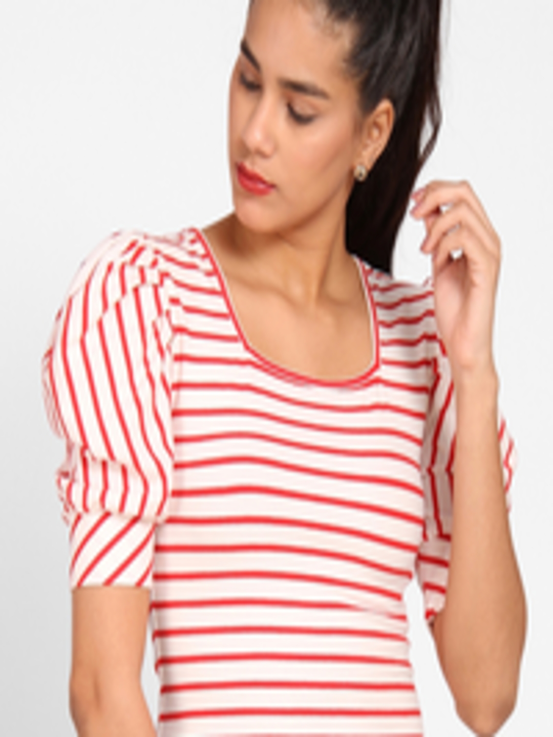 Buy StalkBuyLove Women White & Red Striped Fitted Top - Tops for Women ...