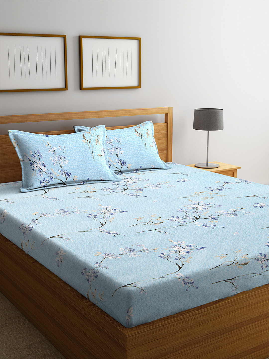 Buy Home Sizzler Blue Floral Flat 180 TC Cotton 1 Queen Bedsheet With 2