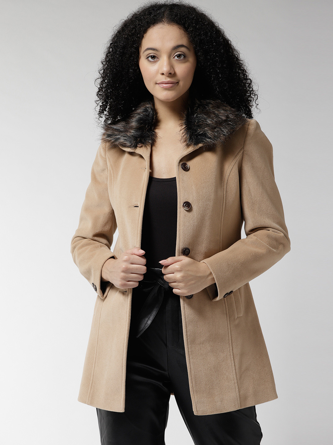 Buy Okane Women Beige Solid Single Breasted Overcoat Coats for Women