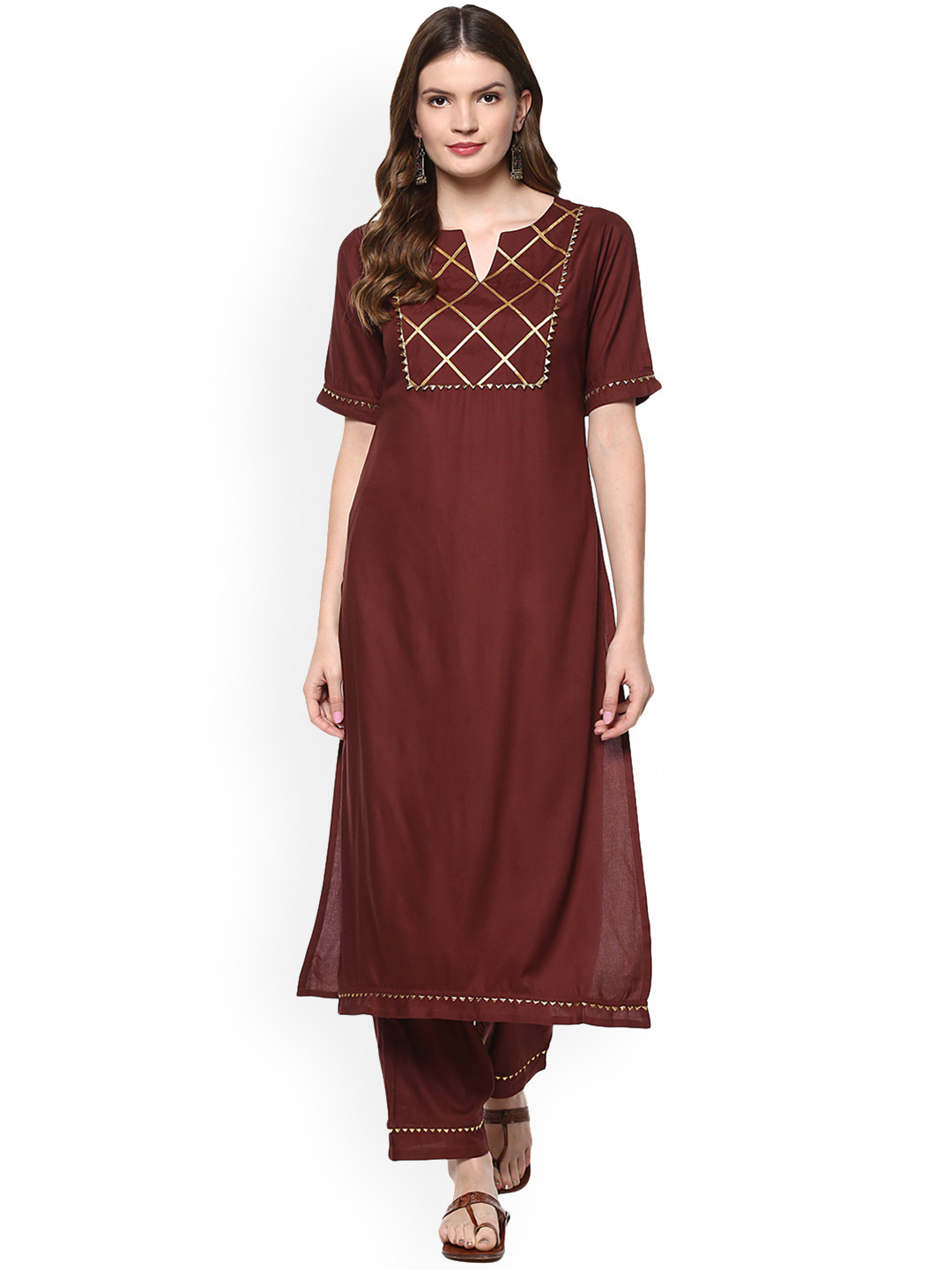 Women Maroon & Coffee Kurta with Trousers