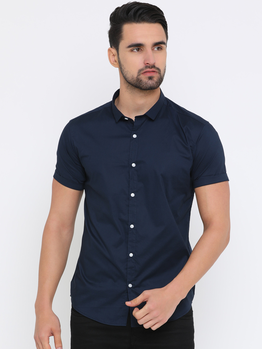 Men's Navy Blue Solid Indigo Cotton Standard Slim Fit Casual Shirt