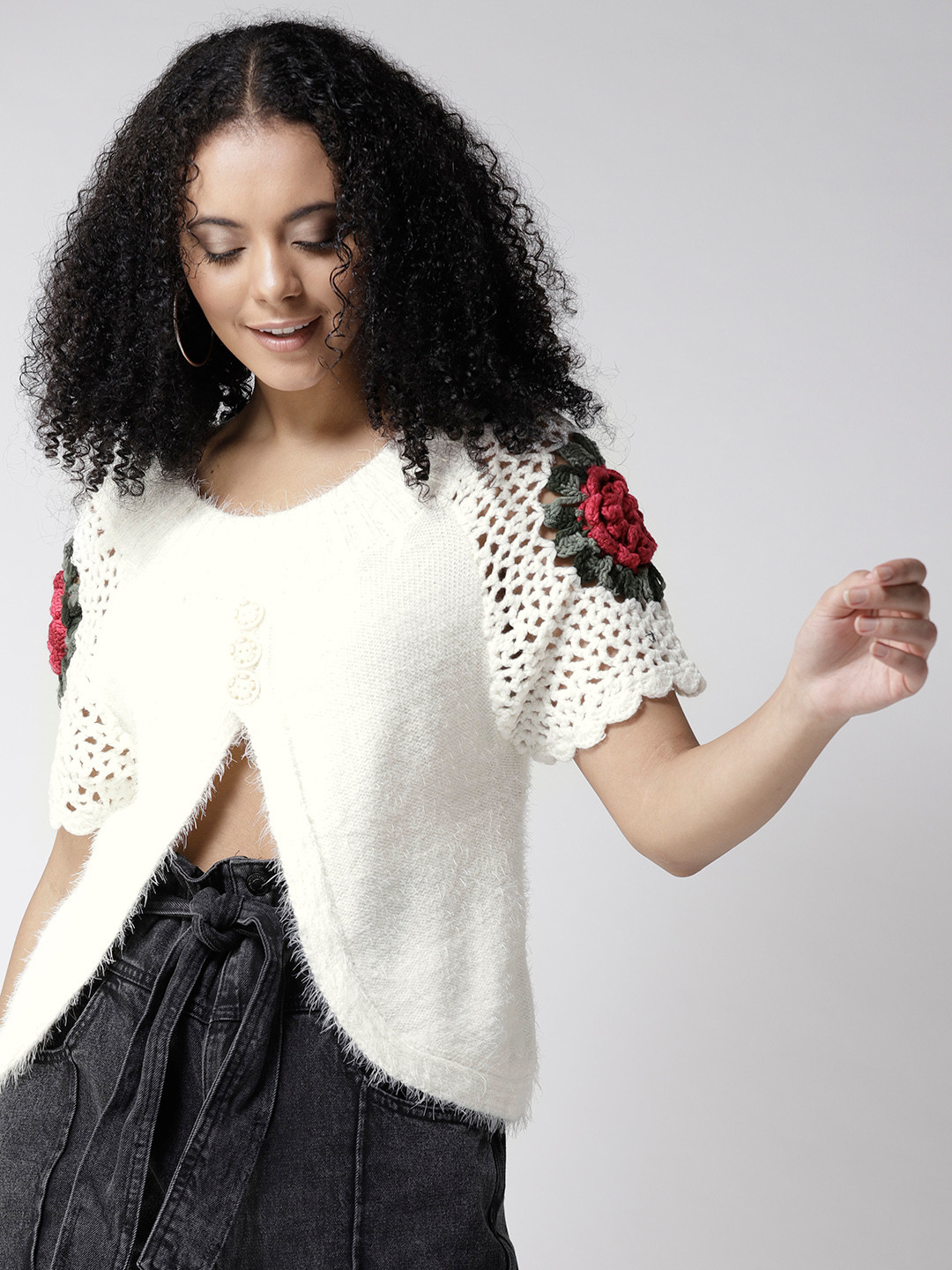 Buy Fort Collins Women Off White Solid Crochet Detail Fuzzy