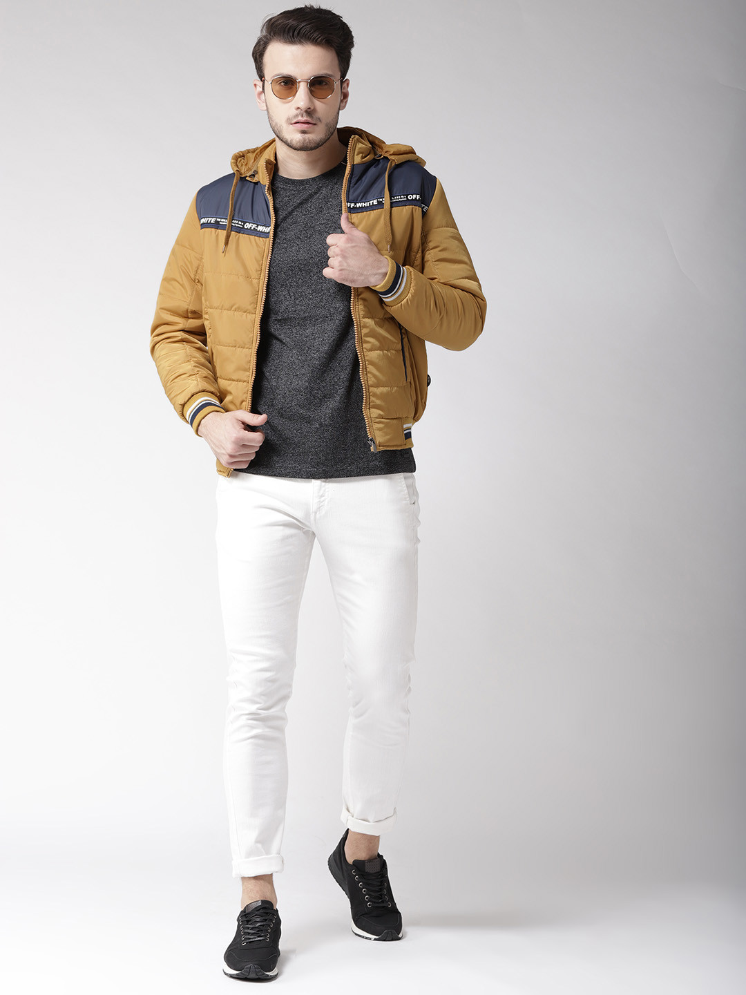 Buy Fort Collins Men Mustard Yellow Colourblocked Hooded Varsity Jacket