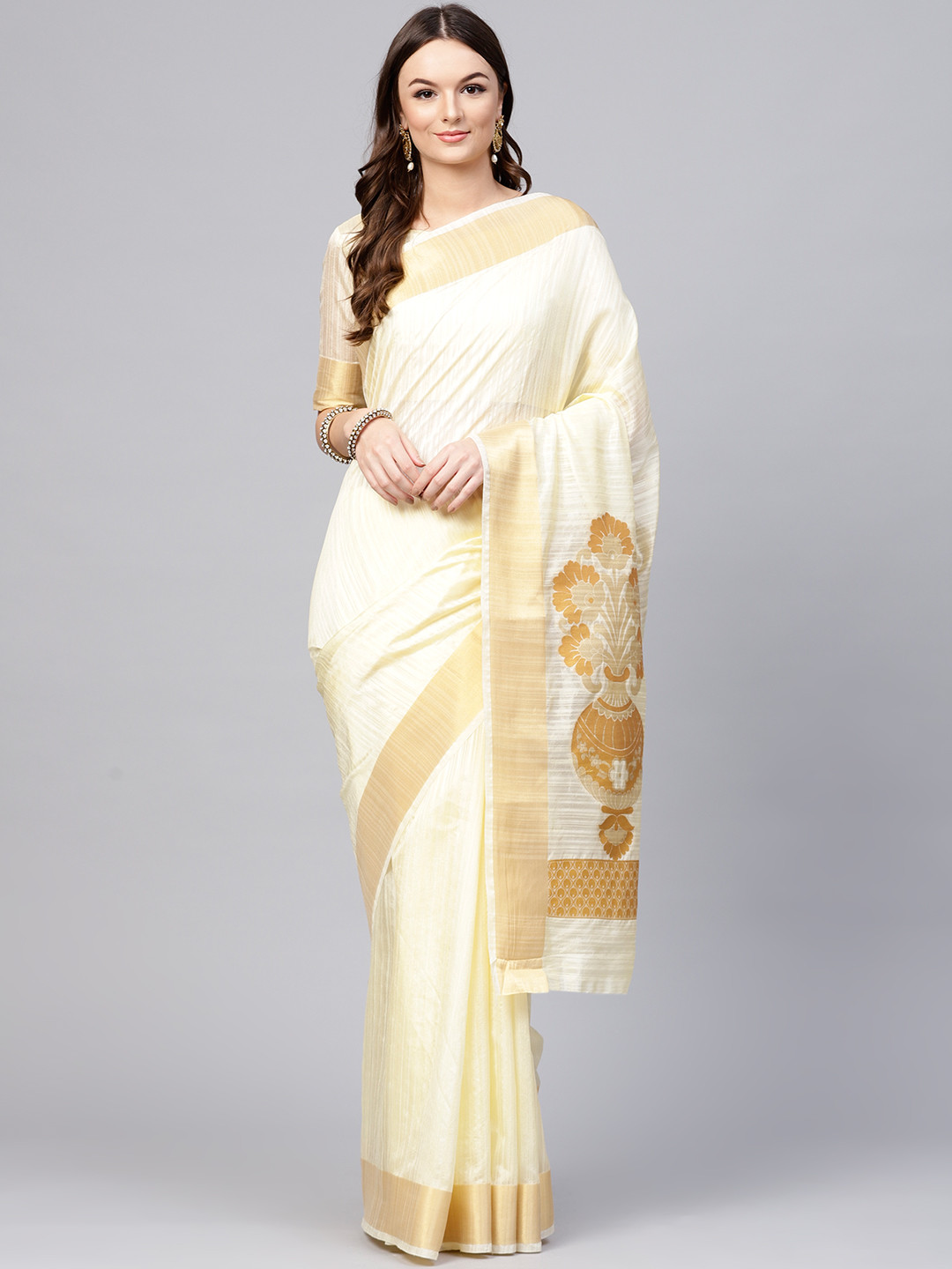 Buy Saree Mall Cream Coloured & Golden Solid Kanjeevaram Saree Sarees