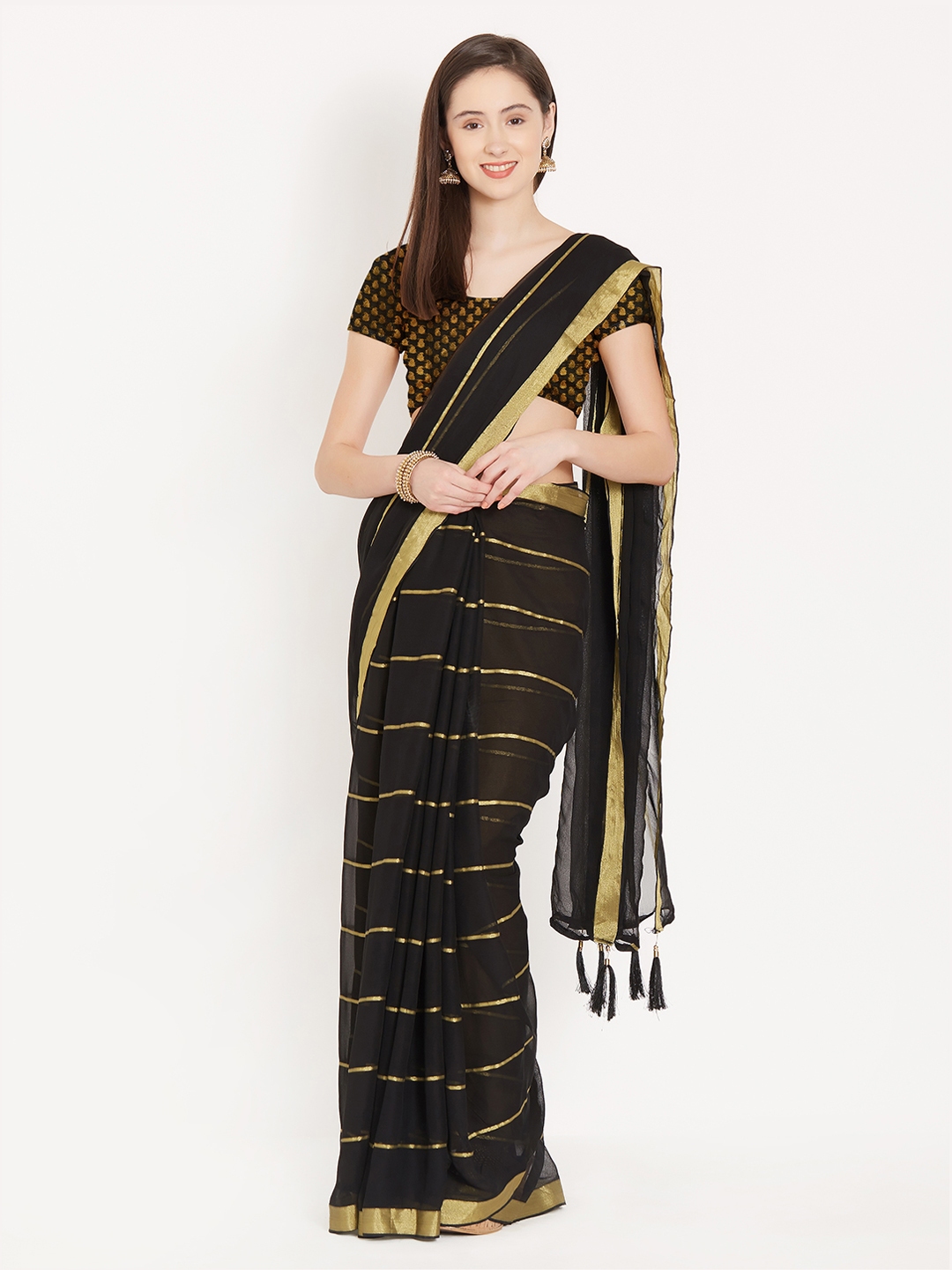 Buy Nanda Silk Mills Black & Gold Toned Striped Saree - Sarees for ...