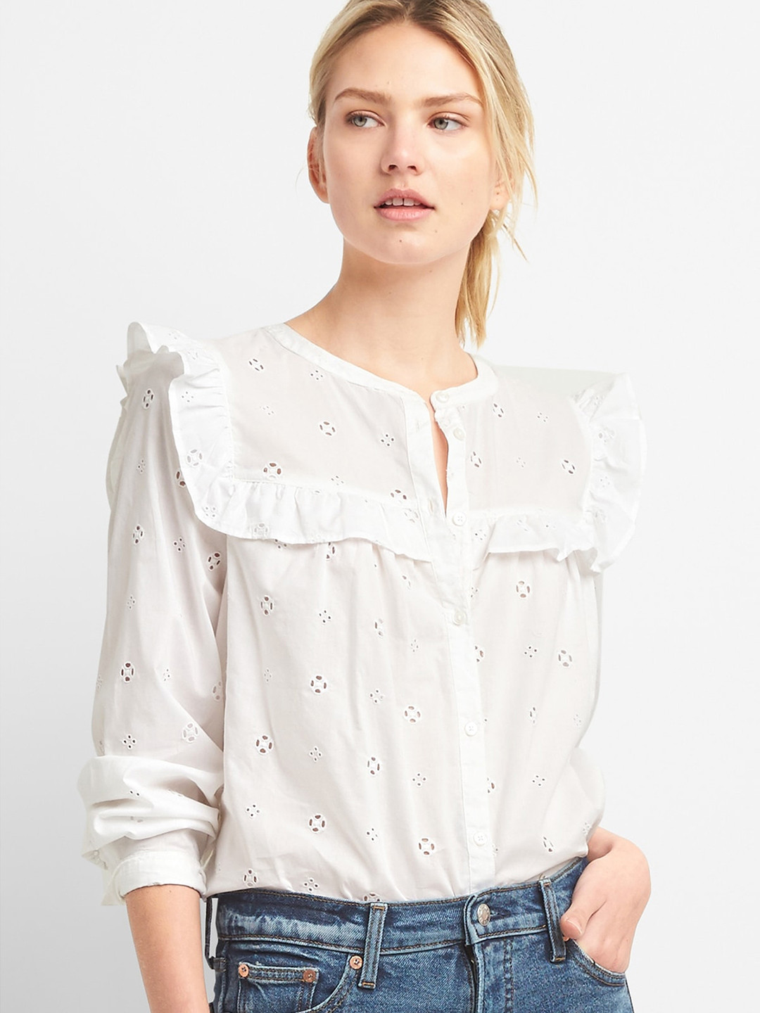 Buy GAP Women White Eyelet Lace Ruffle Trim Top Tops for Women