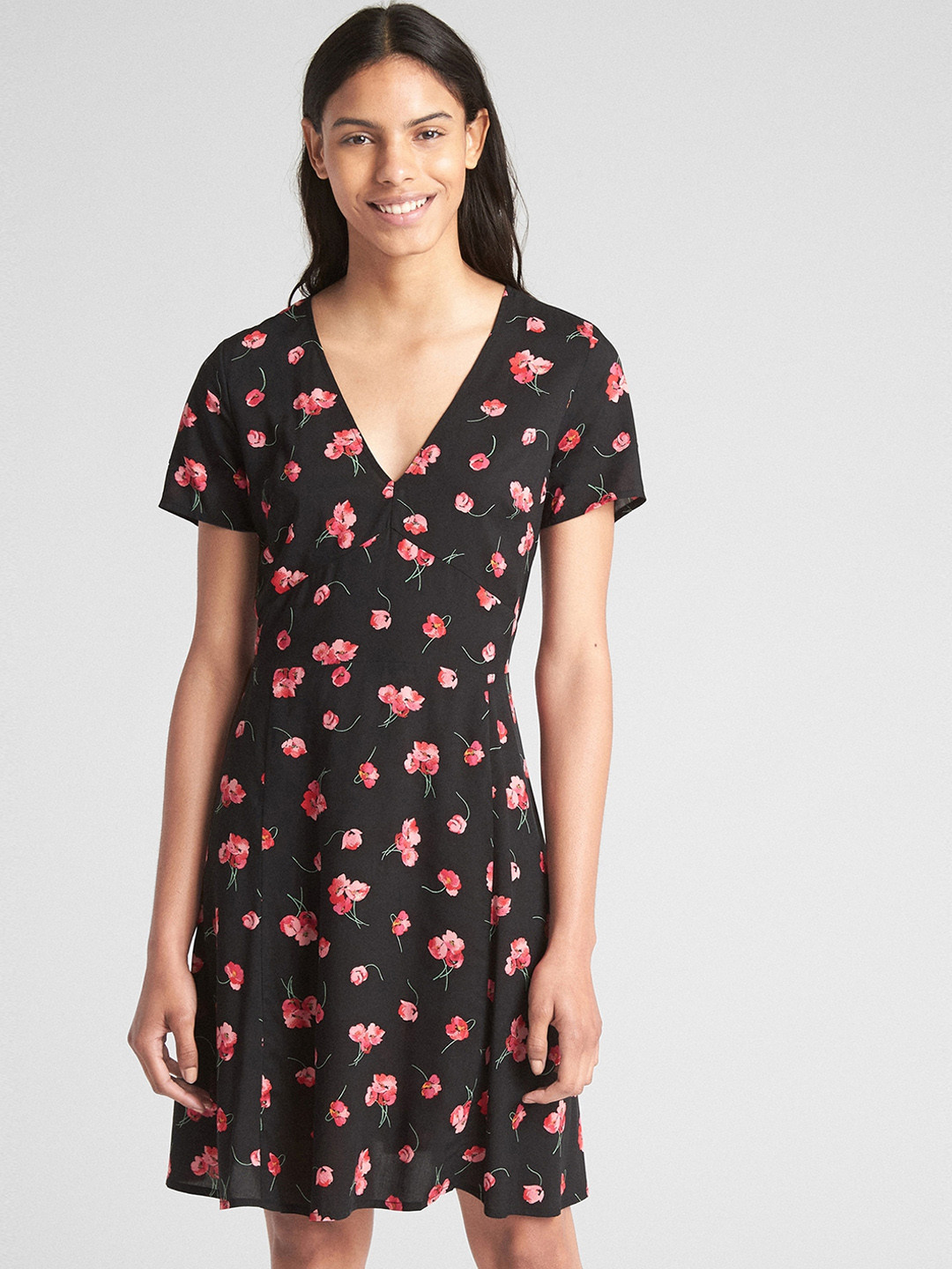 Buy GAP Women Black Short Sleeve Floral Print Fit And Flare Dress - Dresses for Women 7520122 