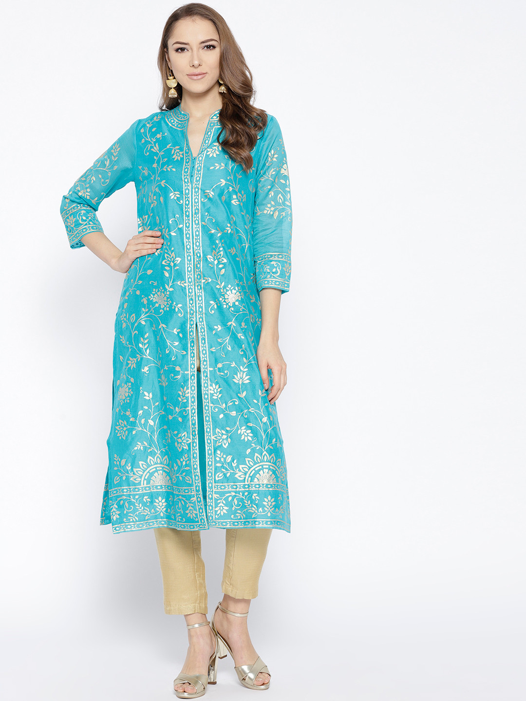 MIMOSA Women's Printed Kurta - Turquoise Blue | Straight Cut | Round Neck & 3/4 Sleeves | Cotton Kurti For Casual Wear