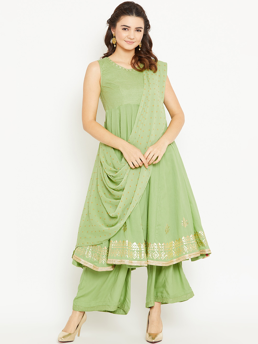 Buy Biba Women Sea Green & Embroidered Kurta With Palazzos & Dupatta