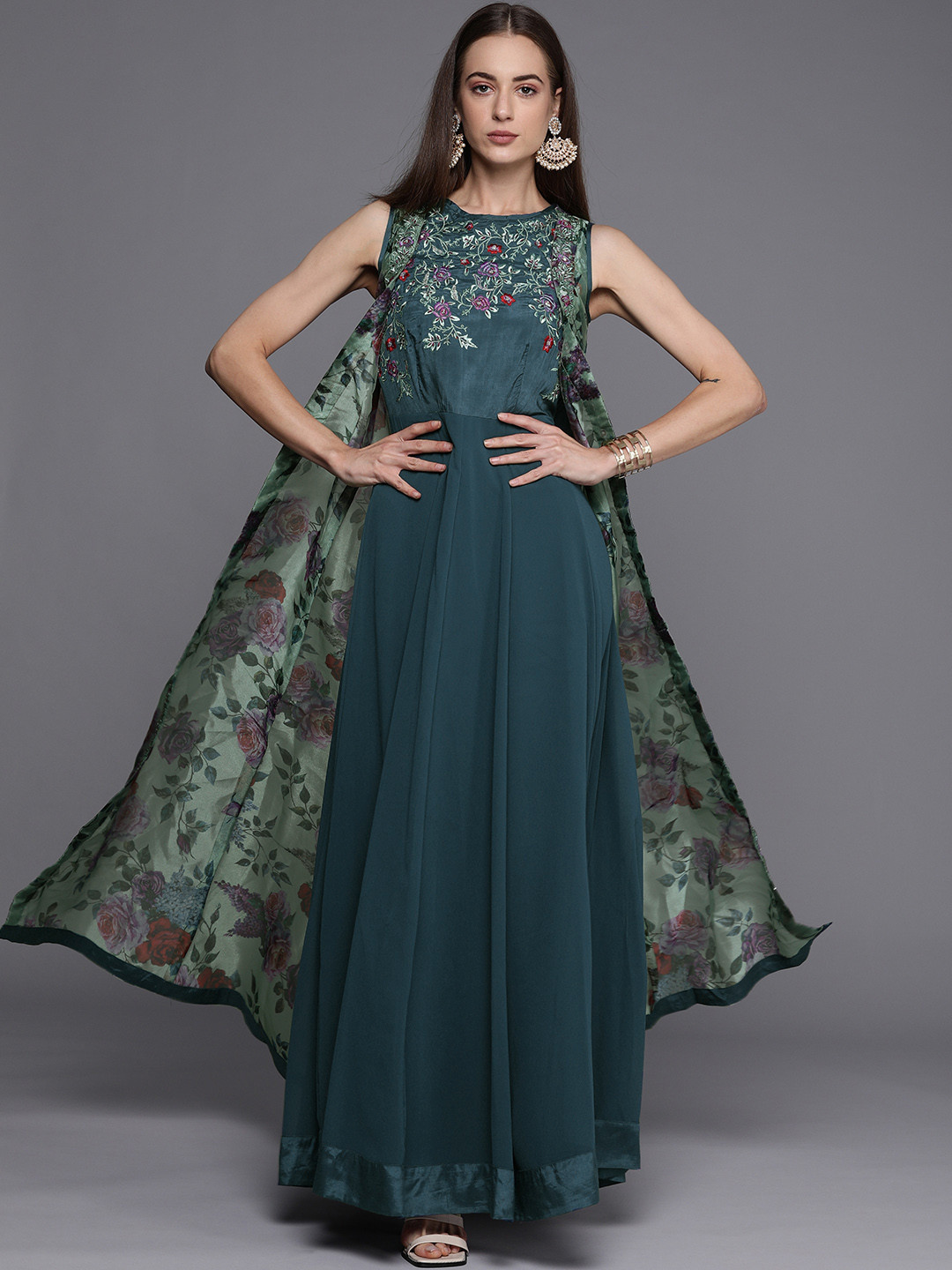 Buy Biba Teal Blue Floral Embroidered Maxi Dress Dresses for Women