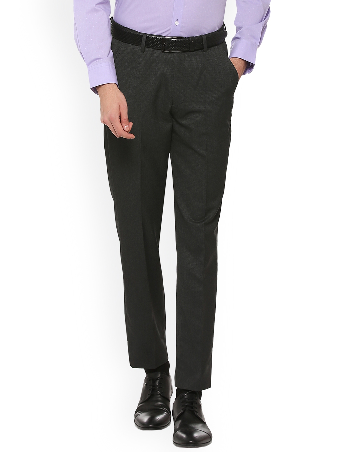 Buy Peter England Men Black Slim Fit Self Design Formal Trousers ...