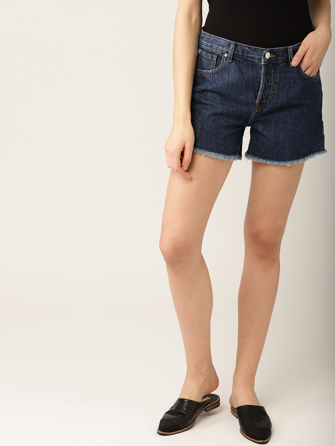 Buy MANGO Women Navy Blue Solid Denim Shorts Shorts for Women 7544494