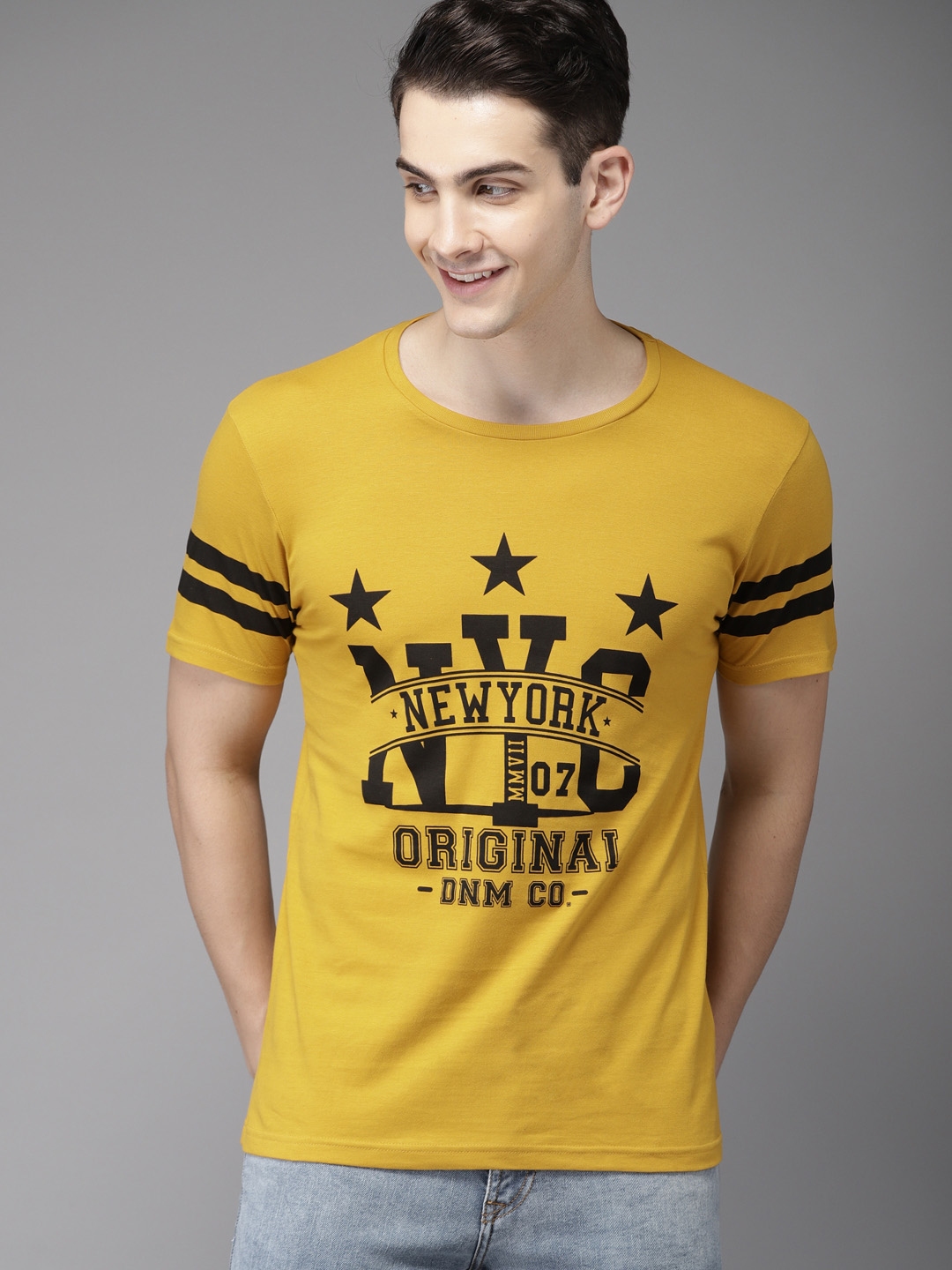 Buy HERE&NOW Men Yellow Printed Round Neck T Shirt - Tshirts for Men ...
