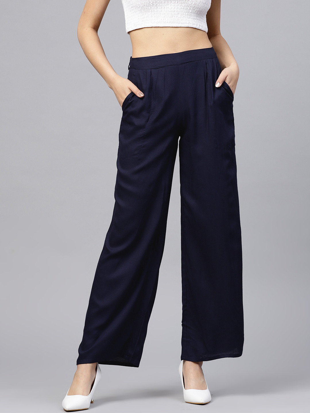 Women'S Navy Blue Solid Kurta With Palazzos