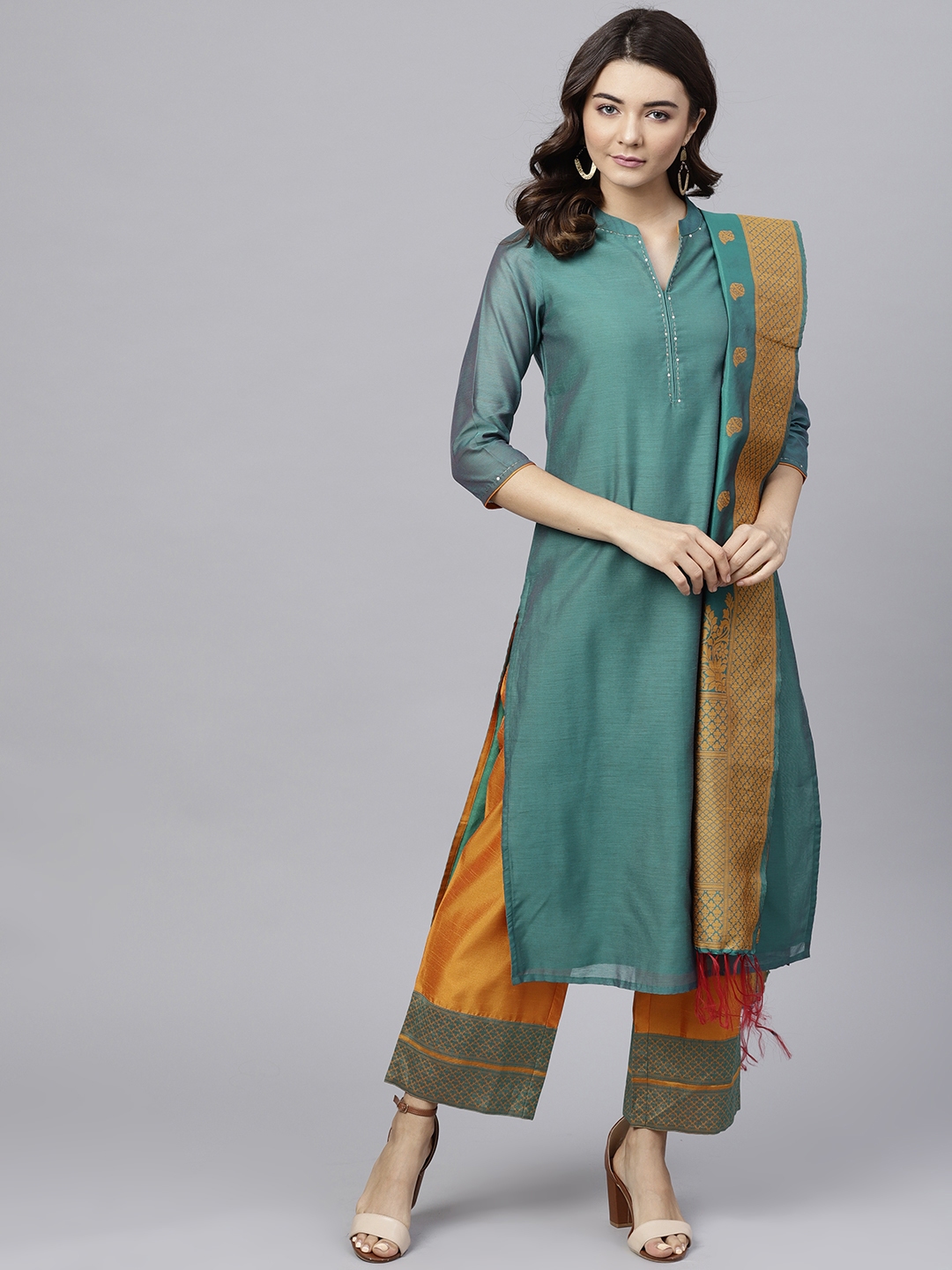 Buy Jaipur Kurti Women Turquoise Green & Orange Solid Kurta With ...