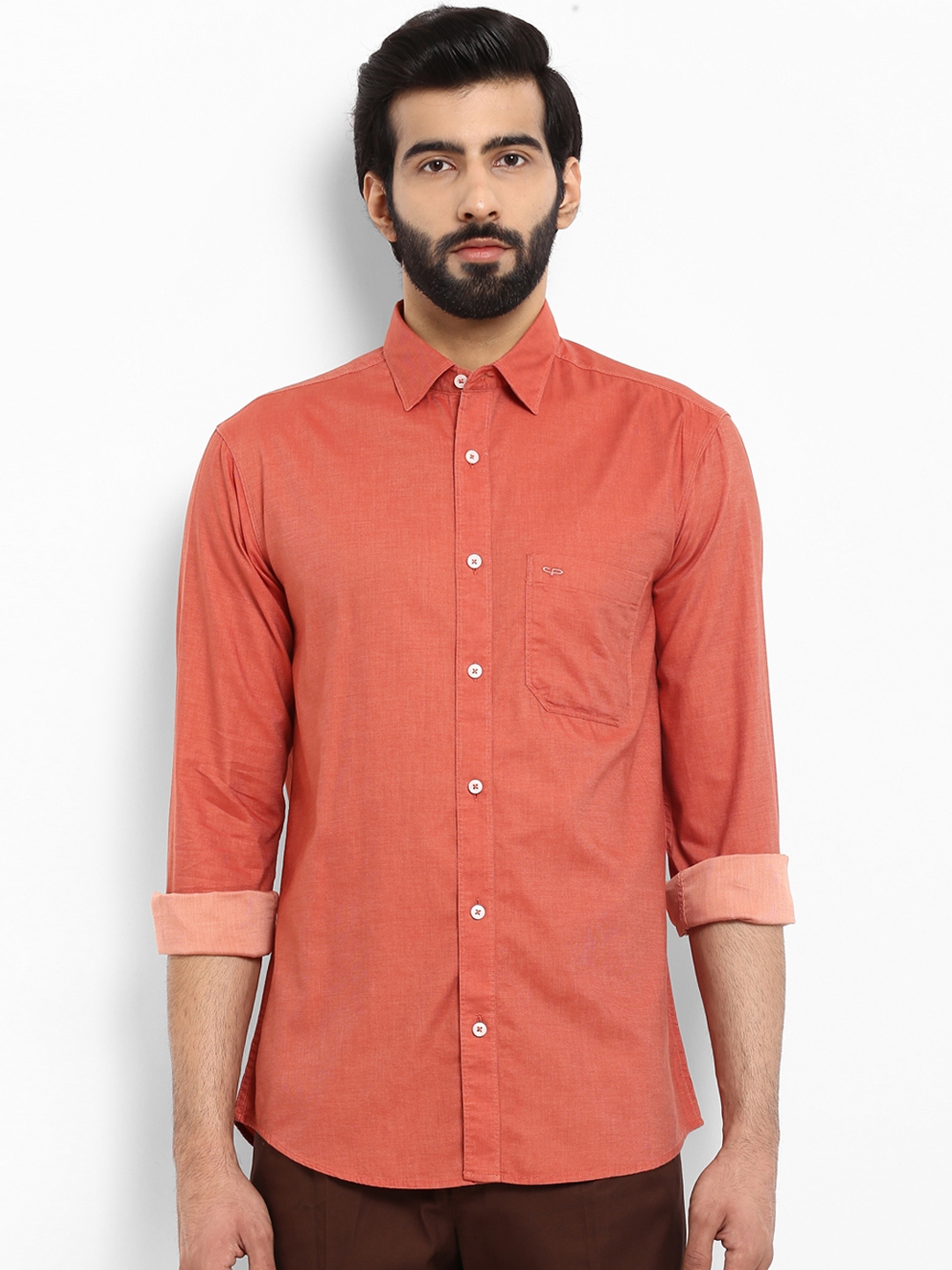 Buy ColorPlus Men Orange Slim Fit Solid Casual Shirt - Shirts for Men ...