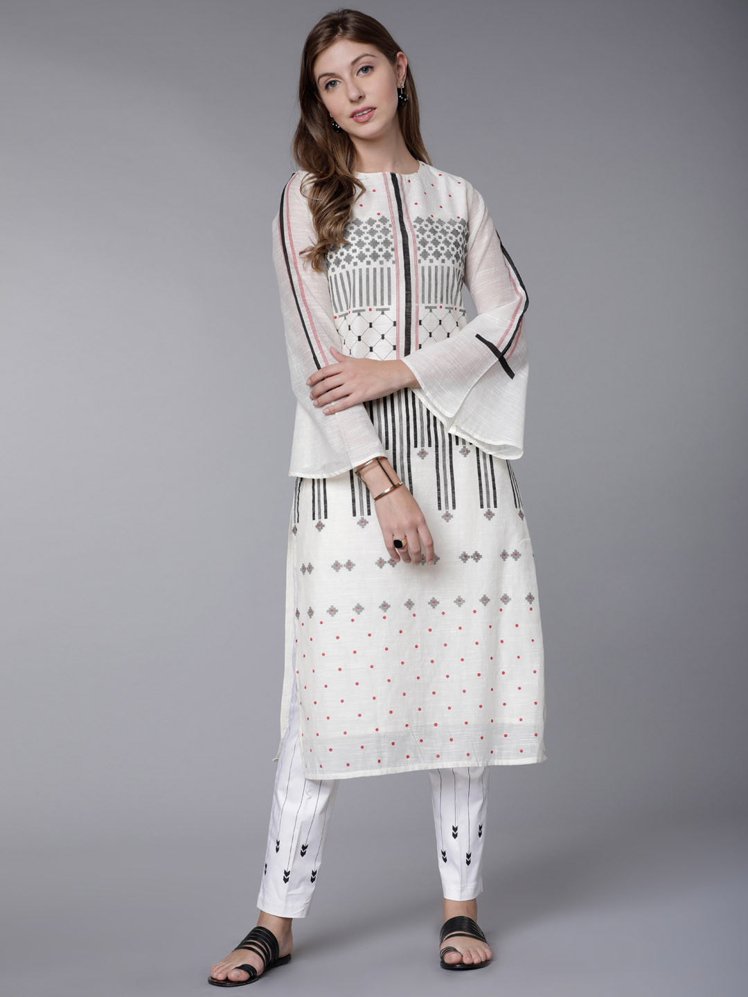 Buy Vishudh Women Cream Coloured Printed Straight Kurta Kurtas for