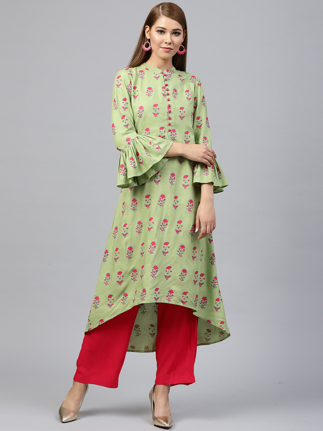 Buy Juniper Women Green Floral Print A Line Kurta - Kurtas for Women 7557476 | Myntra