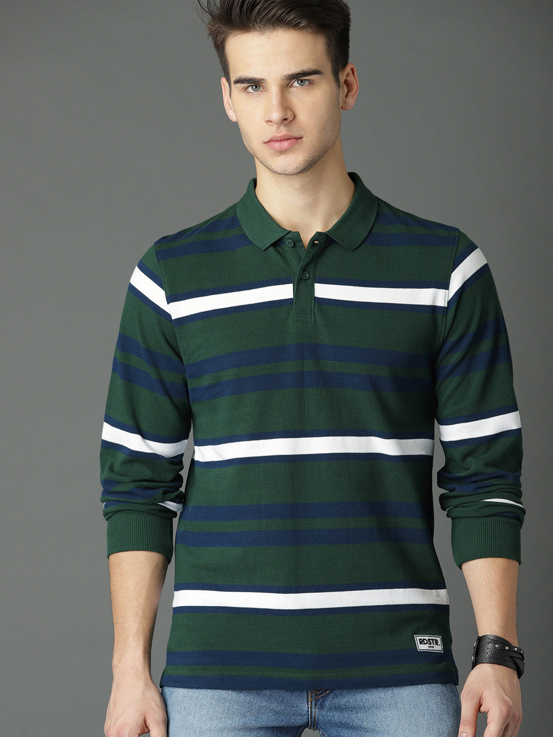 Buy Roadster Men Green White Striped Polo Collar Pure Cotton T Shirt