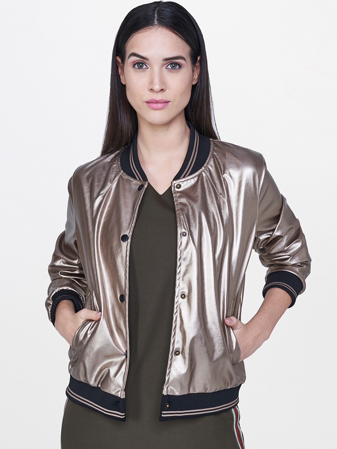 Buy AND Women Bronze Toned Solid Bomber Jackets for Women 7566689