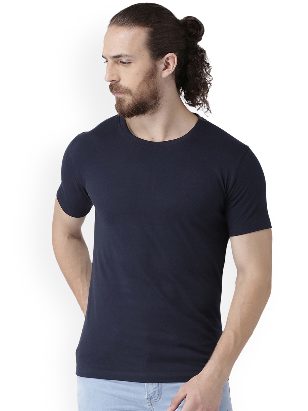 Buy GRIFFEL Men Navy Blue Solid Round Neck T Shirt - Tshirts for Men ...