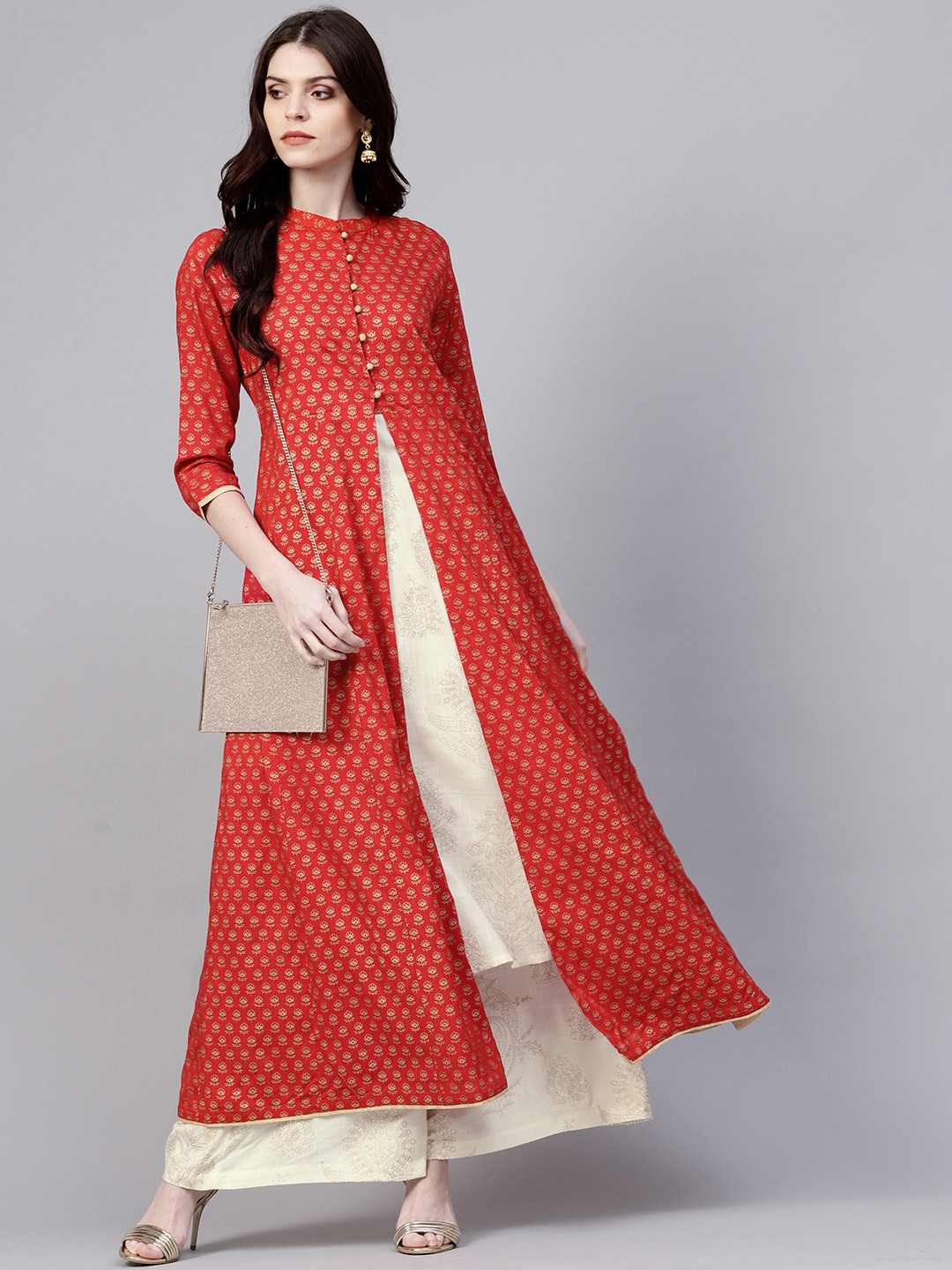 Buy AKS Women Red & Golden Printed Longline Ethnic Jacket Jackets for