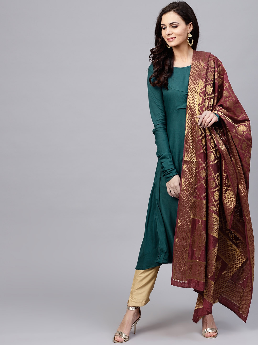 golden gown with maroon dupatta