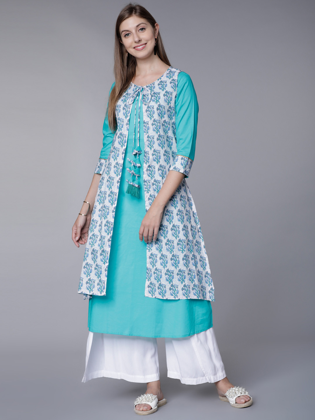Buy Vishudh Women White & Blue Printed A Line Kurta With Shrug Kurtas